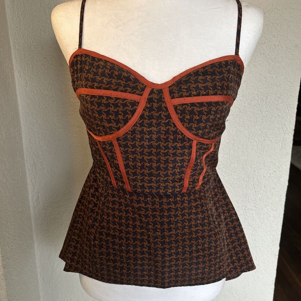 Sugarlips Blue And Orange Houndstooth Peplum Bustier Camisole Blouse Size Small